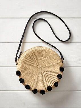 Stella & Dot Tilda Straw Crossbody Bag Pom Pom Front Boho Small